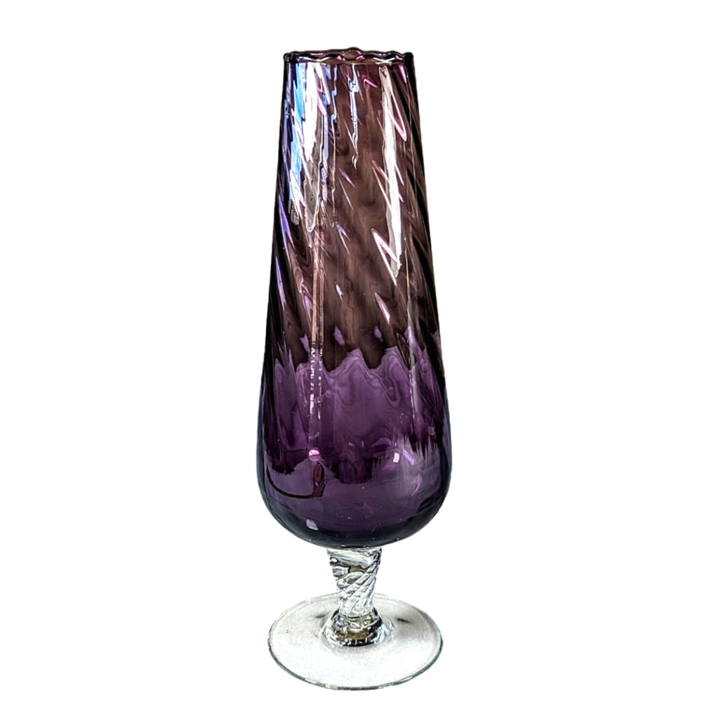 Vintage Art Glass Enesco Amethyst Swirl Bud Vase Japan Hand Blown Empoli Style